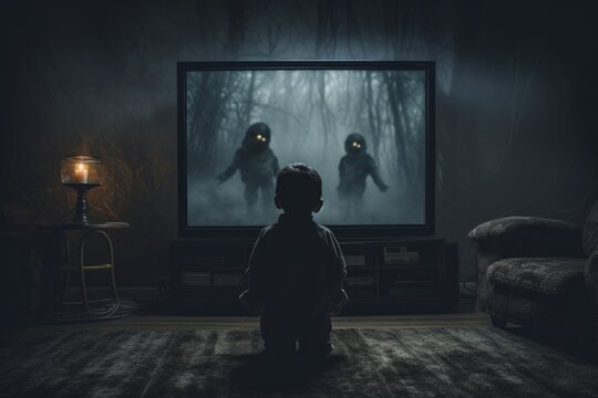 Kid Sitting In Front Of A Television And Watching Horror Movie