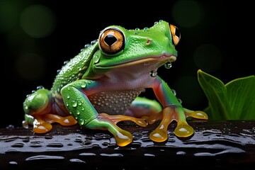 Little frog is sitting against black background, conception of wild animals