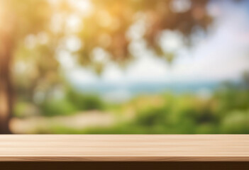 Empty wooden table top in front, blurred summer bokeh background. Blank scene for product. Shelf, desk, podium, pedestal, table mockup. Generated by AI