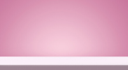White empty table top in front, gradient empty pink wall background. Blank podium, pedestal, scene, shelf for showing cosmetics product. Horizontal panoramic minimalism backdrop, generated by AI