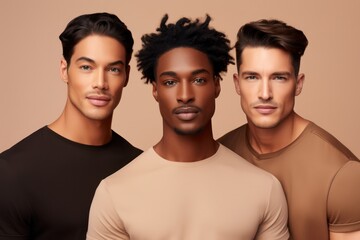Studio portrait of a multicultural mens fashion models group. Multi-ethnic guys with different skin type look at camera. Asian, caucasian and african american male models. Models, generated by AI - Powered by Adobe