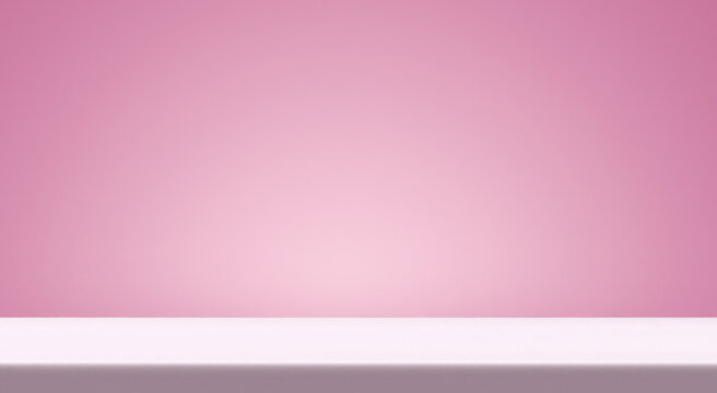 White empty table top in front, gradient empty pink wall background. Blank podium, pedestal, scene, shelf for showing cosmetics product. Horizontal panoramic minimalism backdrop, generated by AI