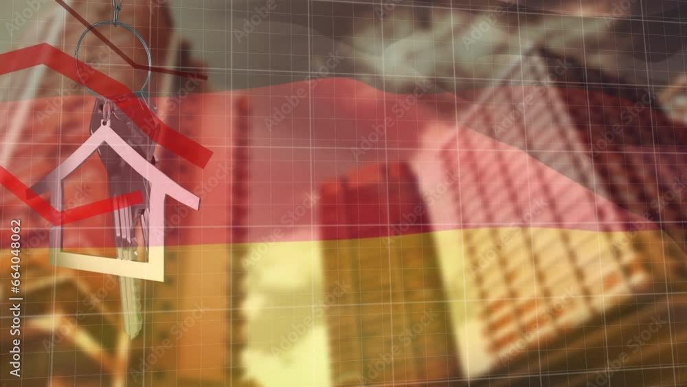 Poster animation of red diagram, data processing and flag of germany over city and keys