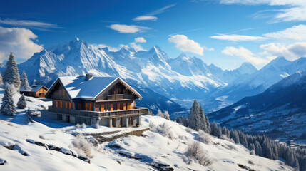 Fototapeta na wymiar Winter snow landscape with wooden chalets in snowy mountains.