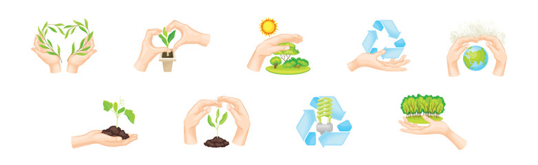 Save Planet Symbols and Ecology Protection Sign with Hands Vector Set