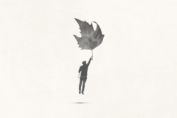 Illustration of man trying to fly with umbrella, surreal minimal concept - obrazy, fototapety, plakaty