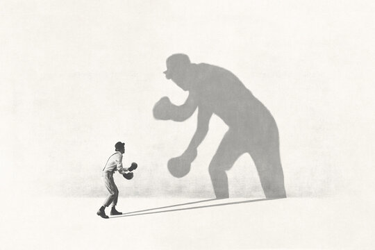 Illustration of man fighting with his shadow, facing fears surreal concept