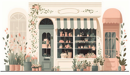 Vibrant 2D flower store front illustration. Generative AI