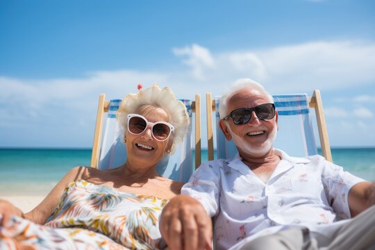Relaxation day for an elderly couple sunbathing on the beach