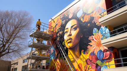 Fototapeta premium A muralist at work on a large, colorful outdoor mural