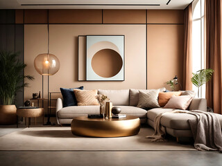 Creative living room interiors Design, where decorative photo frames and artistic paint frames adorn the full wall background