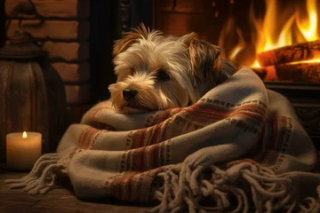Fotobehang adorable canine cozy by the fireplace on a soft blanket. Generative AI © Eirene