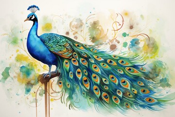 Watercolor peacock illustration on paper canvas. Generative AI