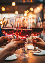 Glasses with red wine in hands of people, ready to toast and cheers with friends. Closeup moment of connection and enjoyment during a celebration.