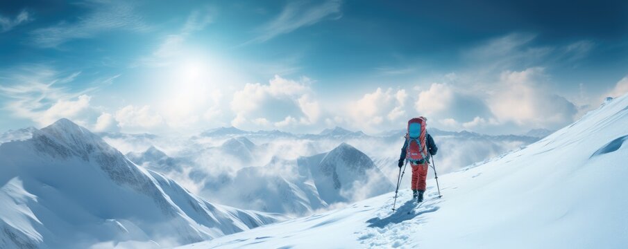 winter mountaineer on the mountain ridge. Generative ai