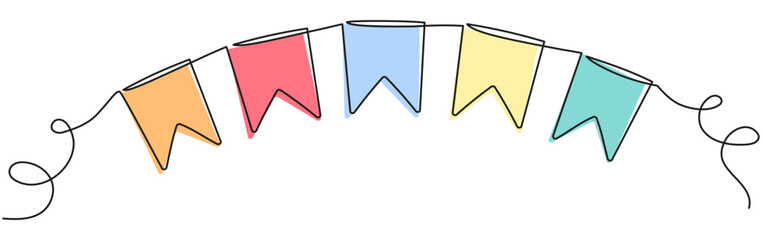 Buntings garland continuous line drawing. Party symbol. Vector illustration isolated on white.