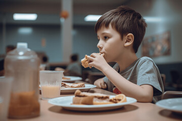 boy eats in the school canteen during lunch. Meals for schoolchildren