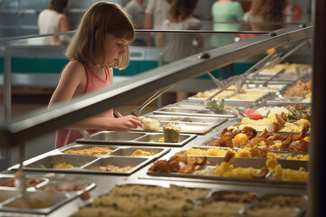 Cute girl choosing food in the school canteen, at lunch - obrazy, fototapety, plakaty