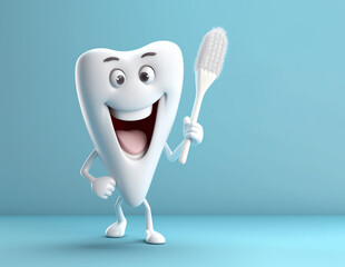 Smiling healthy tooth with toothbrush in hand on blue background, teeth cleaning, pediatric dentistry illustration
