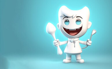 Smiling tooth fairy with toothbrush in hand on blue background, brushing teeth is fun, pediatric dentistry illustration
