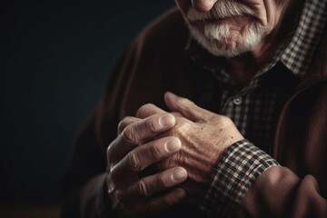 Worried elderly man feeling unwell, upset old middle-aged grandfather touching chest, feeling sudden pain, heartburn - obrazy, fototapety, plakaty
