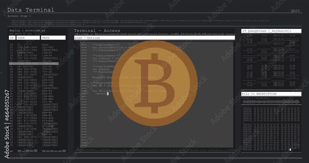 Aufkleber animation of bitcoin over data processing on black background