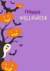 Happy Halloween greeting card or invitation to a party with cute halloween characters like ghost, jack-o-lantern and bat