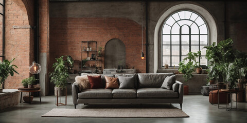 Industrial loft home interior design of a modern living room. Gray leather sofa with exposed brick pillows against a panoramic arched window near a concrete wall with copy space.