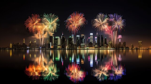 Fireworks in front of a skyline of a big city