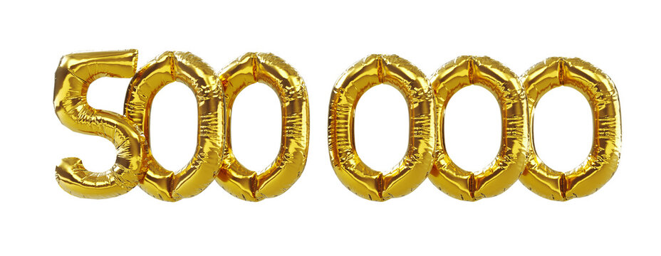 3D render of Golden five hundred thousand or 500k number balloons isolated on white background. 500k followers celebration.