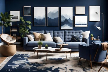 A birds-eye view of a Canvas Frame for a mockup in a modern living room, focusing on the canvas juxtaposed against a navy blue accent wall,