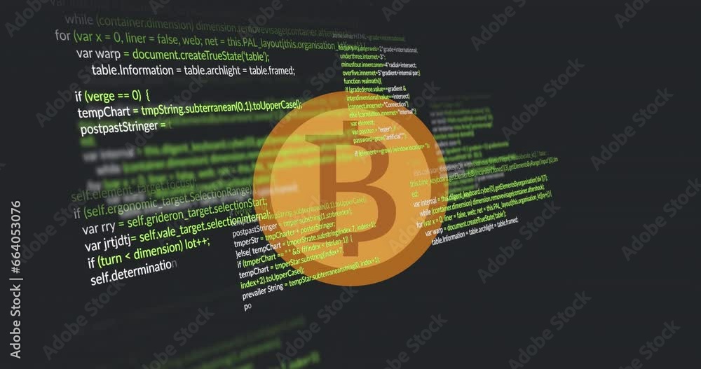 Aufkleber animation of bitcoin over data processing on black background