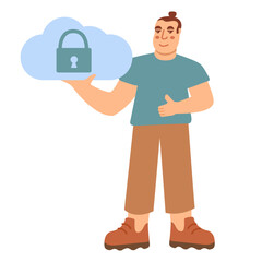 Person with cloud storage.Fintech cloud storage.Cloud as safe and unsafe online storage.Privacy policy.Padlock with cloud denoting. Data transfering service.Isolated on white background.Vector flat.