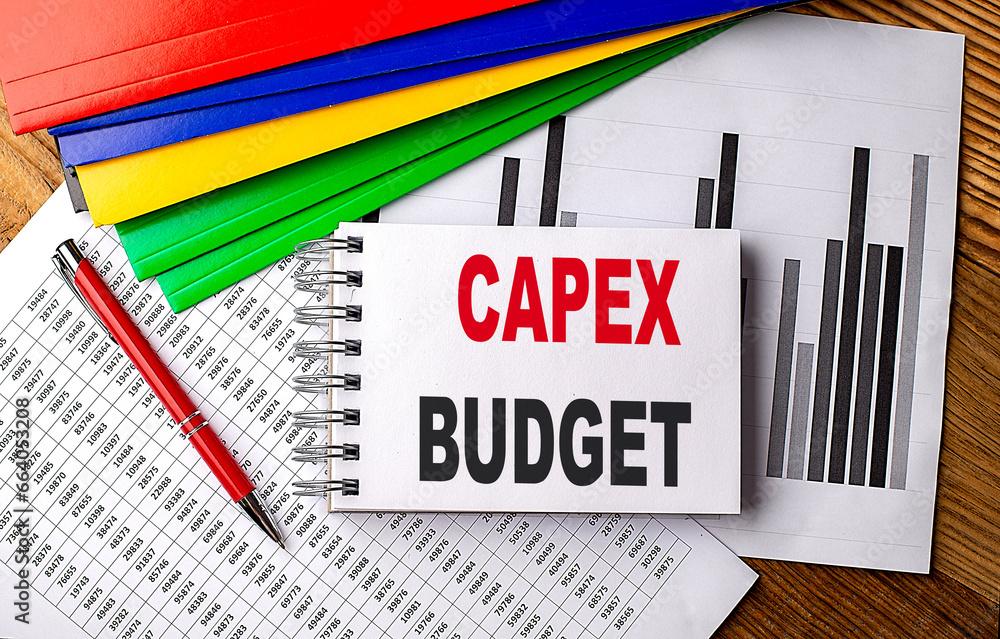 Poster capex budget text on notebook with pen, folder on a chart background