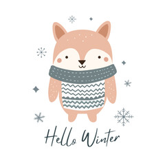 Hello winter minimalistic card with cute fox. Christmas poster in scandinavian doodle style. Wintry template.