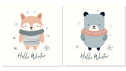 Hello winter minimalistic cards with cute fox. Set of Christmas poster in scandinavian doodle style.
