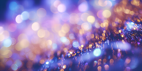 Purple blurred tinsel and lights abstract background 