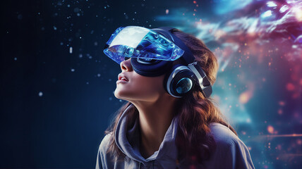 Augmented virtual reality technology, woman with vr glasses, hi tech background - obrazy, fototapety, plakaty