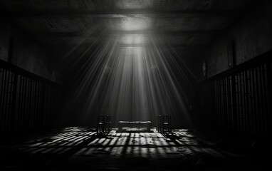The interior of a prison cell, the windows are barred and the light shines - obrazy, fototapety, plakaty