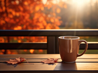 Obraz premium Autumn Scene with a warm mug of coffee, AI Generative