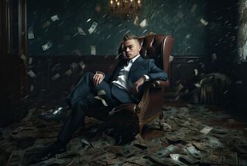 Billionaire businessman sitting on a chair with money flying and money scattered on the floor - obrazy, fototapety, plakaty