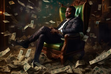 Billionaire businessman sitting on a chair with money flying and money scattered on the floor - obrazy, fototapety, plakaty
