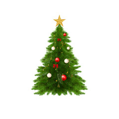 decorated christmas tree isolated on transparent png background. Beautiful shining christmas tree with decorations - balls, garlands, bulbs, tinsel and a golden star.