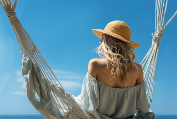 woman in a hat in a hammock on the blue water background , back view