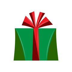 Green gift box with red bow. Holiday surprise box. Christmas gifts under the tree. Flat vector illustration.