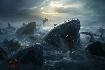 Stunning ocean scene capturing the plight of whales amid pollution. Generative AI