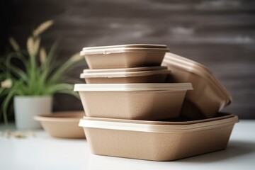 Biodegradable brown container for various dishes. Environmentally friendly, decomposable and zero waste. Generative AI - obrazy, fototapety, plakaty