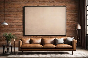 A Canvas Frame for a mockup poised on a textured brick wall in a modern living room, where contemporary meets rustic