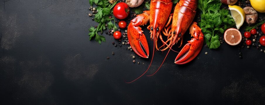 Boiled lobster with spices and herbs on black slate table. Sea food. Generative ai