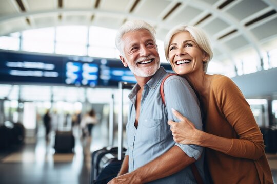 Elderly couple traveling together with suitcases at the airport. Generative ai